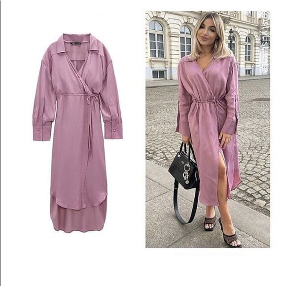 Zara Satin Effect Faux Wrap Midi Dress - Picture 1 of 16